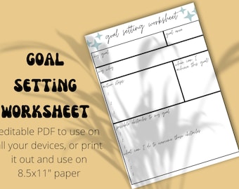 May include: A printable goal setting worksheet with a blue and white star design. The worksheet includes sections for writing down your goal, why you want to achieve it, action steps, possible obstacles, and how to overcome them.