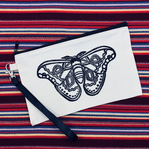 Giant Silk Moth Hand Printed Canvas Bag | Wristlet | Original Linocut Print | LIMITED STOCK