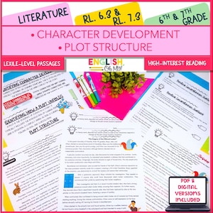 Könnte beinhalten: Eine rosa und grüne druckbare Ressource für Schüler der 6. und 7. Klasse. Die Ressource enthält Arbeitsblätter für die Charakterentwicklung und die Handlungsstruktur. Die Arbeitsblätter zeigen eine Glühbirnengrafik und den Text "Identifizieren, wie sich eine Handlung entfaltet" und "Handlungsstruktur".