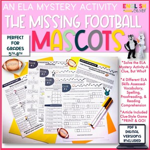 Misterio de ELA: mascota de fútbol perdida, vocabulario, comprensión lectora, ortografía, práctica de ELA, actividades en inglés, actividades en el aula