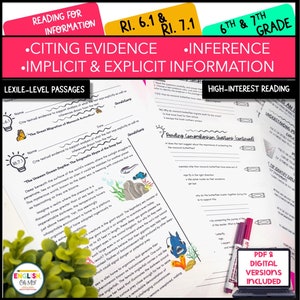 Reading for Information, RI. 6.1 & 7.1, Citing Evidence, Inference, Comprehension and Questions, Middle School, Worksheets printable