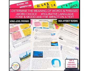 Word Choice, Tone,  Reading Passages with Comprehension Questions-RI.6.4 & 7.4, Middle and High School, ELA Teachers, Figurative Language
