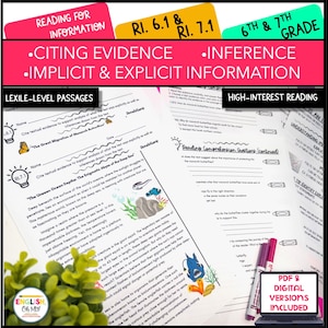 Citing Evidence, Inference Reading Comprehension, Literature, Reading, Middle and High School, Questions, Reading Passages - RI.6.1 & 7.1