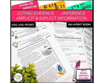 Citing Evidence, Inference Reading Comprehension, Literature, Reading, Middle and High School, Questions, Reading Passages - RI.6.1 & 7.1