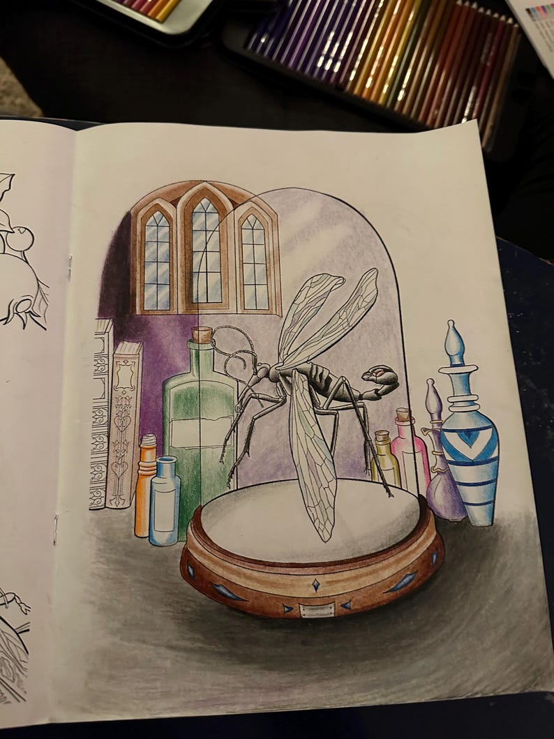 May include: A black insect with translucent wings is displayed under a glass dome on a wooden base. The insect is surrounded by various bottles and a blue and white vase. The scene is set against a backdrop of a window with arched panes.