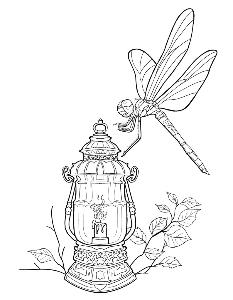 May include: A black and white line drawing of a dragonfly perched on a decorative lantern with a candle inside. The lantern has intricate details and is surrounded by leaves.
