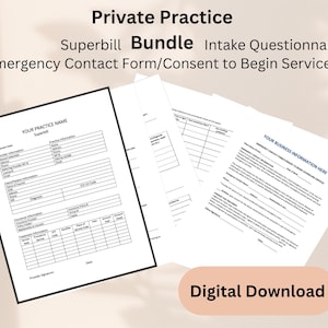 May include: A digital download bundle for private practice, including a superbill, intake questionnaire, emergency contact form, and consent to begin services.