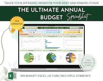 Hoja de cálculo de Excel para presupuesto anual, seguimiento de finanzas personales