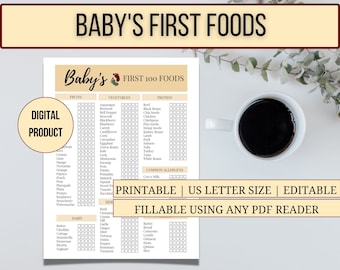 Baby's First Food Checklist, Editable BLW Chart, Solids Tracker, Baby Food Log, Baby Food List, Editable Baby Tracker