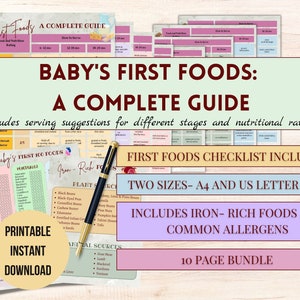 Baby First Foods Guide, GRATIS baby's eerste voedselchecklist afdrukbaar, BLW-grafiek, Solids Tracker, babyvoedingbundel, babyvoedinglijst