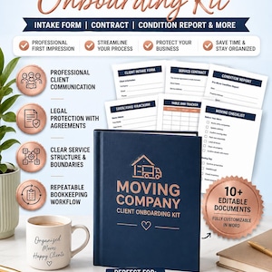 May include: A dark blue binder labeled Moving Company Client Onboarding Kit with rose gold text and a house icon. It is surrounded by printed document templates, a white mug with the text Organized Moves Happy Clients, and a gold pen.