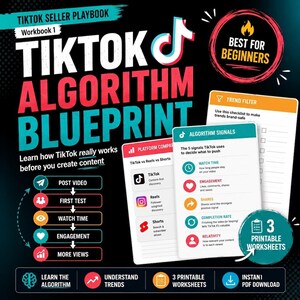 May include: A digital workbook titled TikTok Algorithm Blueprint featuring a black background with white and teal text. It includes a flow chart of video performance signals, a comparison of social platforms, and a checklist for trend filtering.
