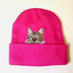 Slouchy Beanie with Embroidered Cat Patch Winter Hat Soft Gift Pink Cat Beanie