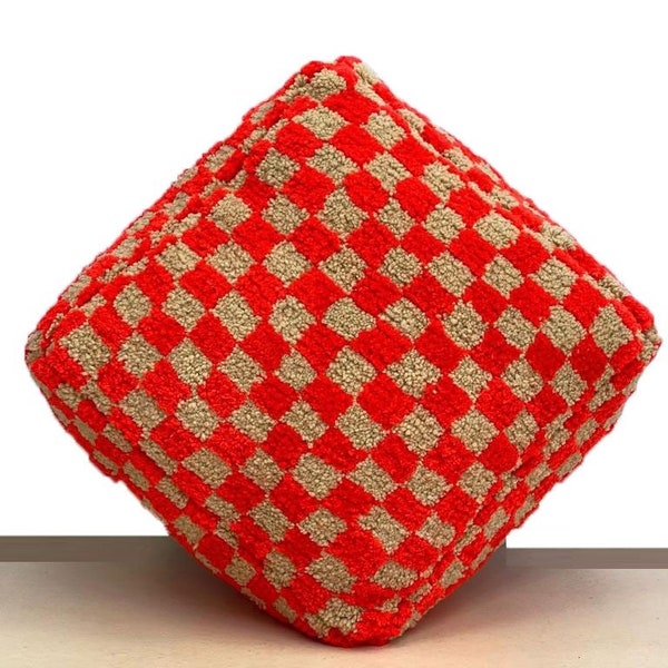 Checkerboard Authentic Square Ottoman wool Pouf, Moroccan Berber Soft Office Room Chair, Bohemian Nursery Room Game Red Sofa Pouf