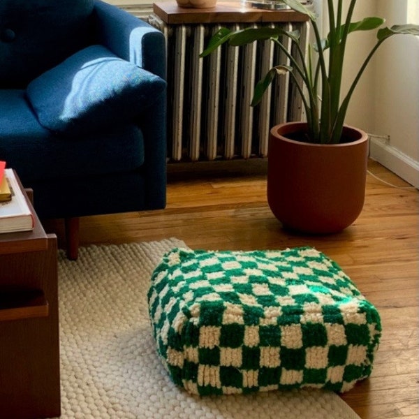 Checkered Berber Moroccan Custom Pouf Ottoman, Handmade Entryway Soft green Wool Pouf, Bohemian Electic Bedroom Square Pouf