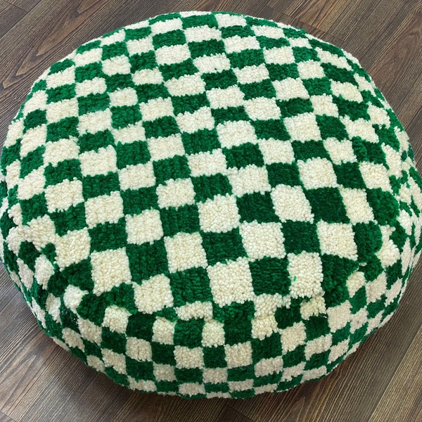 Exclusive Moroccan Natural Colors Round Sofa Pouf, Atlas Berber woven Entryway green Pouf, Authentic Checker Nursery Room Cushion wool Pouf