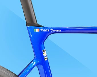 2x Personalized Name Decal by SancraftsCo, Cyclist Name and Flag Waterproof Vinyl Sticker for Bicycle, Perfect Personalized Gift for Him
