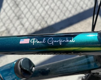 2x Signature Name Decal by SancraftsCo, Cyclist Name and Flag Waterproof Vinyl Sticker for Bicycle, Perfect Personalized Gift for Him