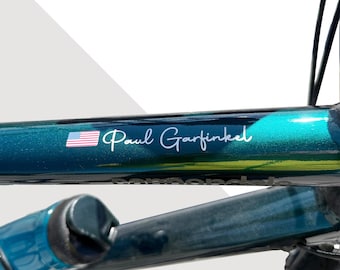 2x Signature Name Decal by SancraftsCo, Cyclist Name and Flag Waterproof Vinyl Sticker for Bicycle, Perfect Personalized Gift for Him