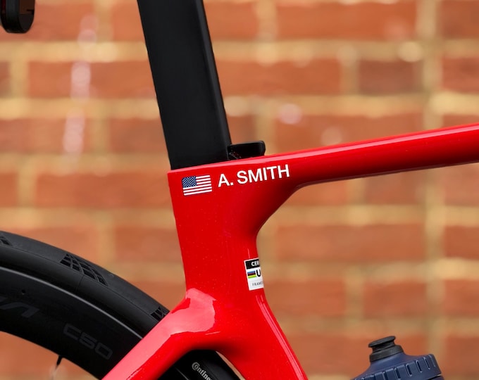 Featured listing image: 2x Personalized Name Decal by SancraftsCo, Cyclist Name and Flag Waterproof Vinyl Sticker for Bicycle, Perfect Personalized Gift for Him