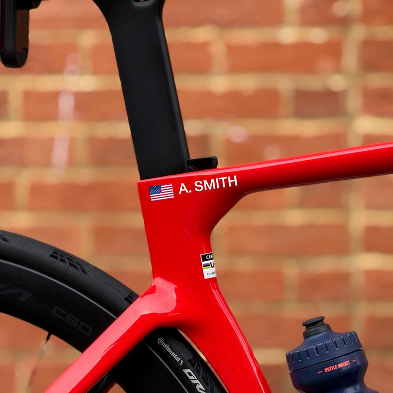 Personalized Name Decal, Cyclist Name and Flag Waterproof Vinyl Sticker for Bicycle, Perfect Personalized Gift for Him