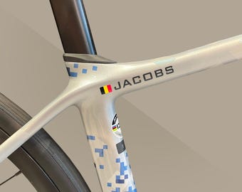 2x Personalized Name Decal by SancraftsCo, Cyclist Name and Flag Waterproof Vinyl Sticker for Bicycle, Perfect Personalized Gift for Him