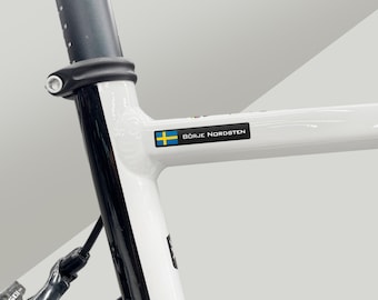 10x Personalised Bike Name and Flag Sticker Label Decal - for road bike, mountain bike, cx bike, car sticker, free design on any surface