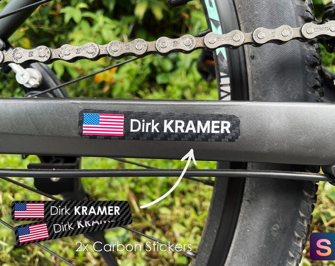 Featured listing image: 2x Carbon Fiber Personalised Name Sticker Decal - for road bike, mountain bike, cx bike, car sticker, free design on any surface