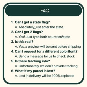 May include: A rectangular FAQ information card with a dark green header and border on a cream background. The text lists six questions and answers regarding custom flag orders, including inquiries about state flags, multiple flags, previews, color options, tracking, and lost parcels.