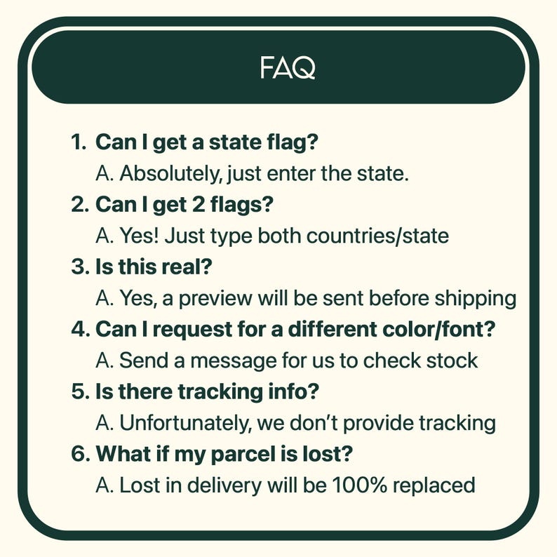 May include: A rectangular FAQ information card with a dark green header and border on a cream background. The text lists six questions and answers regarding custom flag orders, including inquiries about state flags, multiple flags, previews, color options, tracking, and lost parcels.
