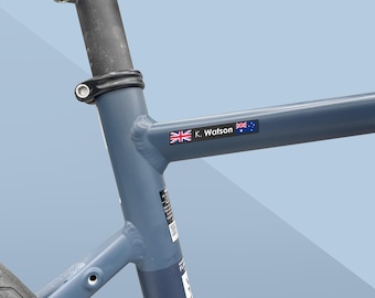 10x Personalised Bike Name and Flag Sticker Label Decal - for road bike, mountain bike, cx bike, car sticker, free design on any surface