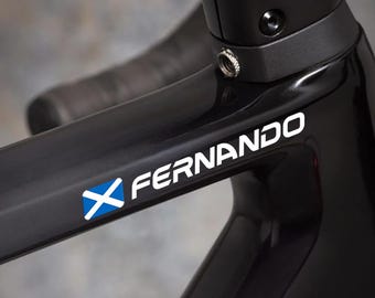 2x Personalized Name Decal by SancraftsCo, Cyclist Name and Flag Waterproof Vinyl Sticker for Bicycle, Perfect Personalized Gift for Him
