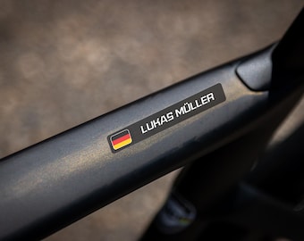 10x Personalised Bike Name and Flag Sticker Label Decal - for road bike, mountain bike, cx bike, car sticker, free design on any surface