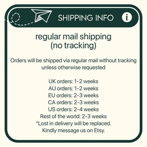 May include: A dark green rectangular graphic with rounded corners featuring a white paper airplane icon and the text SHIPPING INFO. The graphic contains information regarding regular mail shipping, delivery timeframes, and lost package policies.