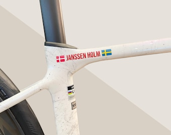 2x Personalized Name Decal by SancraftsCo, Cyclist Name and Flag Waterproof Vinyl Sticker for Bicycle, Perfect Personalized Gift for Him