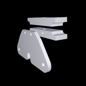 May include: Three white metal pieces for a woodworking project. The pieces are shaped like a triangle, a rectangle, and a smaller rectangle. The pieces are designed to be used together to create a jig for woodworking.