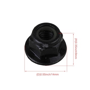 May include: Black metal nut with a hexagonal shape and a flat washer. The nut measures 14mm in diameter and 9mm in height.