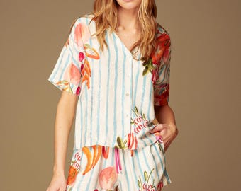 Conjunto de pijama de lujo con estampado de frutas – Elegante conjunto de ropa de estar por casa con rayas y motivos tropicales, envío gratuito en el Reino Unido.