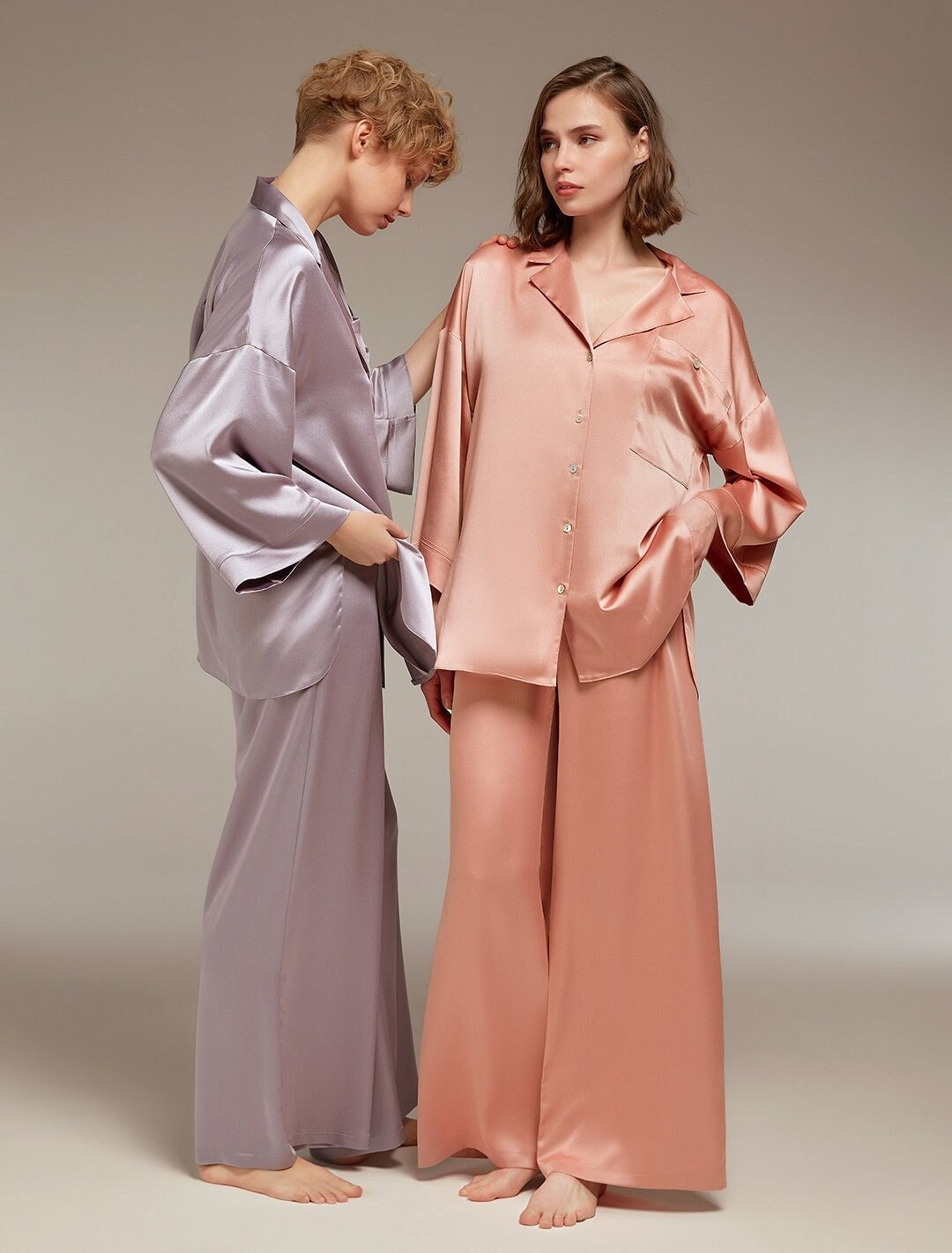 Satin Pajama Set, Peach Lilac Silky Loungewear, Christmas Gift