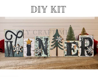 DIY Winter Wood Block Shelf Sitter / DIY Wood Blank / Unfinished Wood Kit / Mantle Decor / Hello Winter