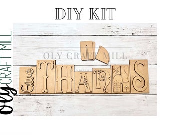 DIY Give Thanks Wood Block Shelf Sitter / DIY Wood Blank / Unfinished Wood Kit / Mantle Decor / Fall DIY