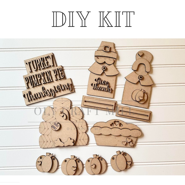 DIY Give Thanks Thanksgiving Tiered Tray Set / Mantle Decor / Pilgrims / Pumpkin Pie / Fall DIY Kits / Wood Decor