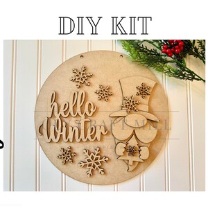 DIY Hello Winter Gnome 10.5" Door Hanger / Wreath Add on / DIY Wood Blank / Unfinished Wood Kit / Door Hanger / Gnome