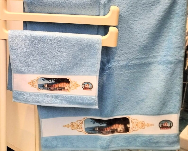 Gift idea, elegant personalized towels, face and guest towel sets, with images of Genoa, Pegli, Camogli, Rapallo image 6