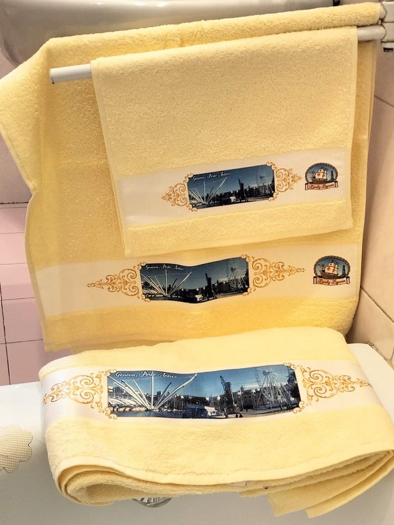 Gift idea, elegant personalized towels, face and guest towel sets, with images of Genoa, Pegli, Camogli, Rapallo image 2