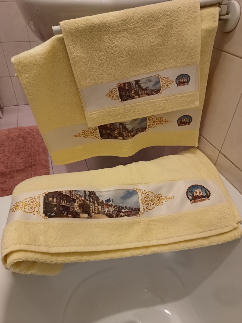 Gift idea, elegant personalized towels, face and guest towel sets, with images of Genoa, Pegli, Camogli, Rapallo image 5