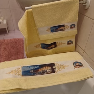 Gift idea, elegant personalized towels, face and guest towel sets, with images of Genoa, Pegli, Camogli, Rapallo Camogli