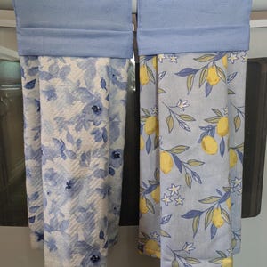 Hanging Kitchen Towel, Blue Watercolor Floral or Yellow Lemon Stove Handle Towel, Handmade Oven Towel, no Buttons or Ties