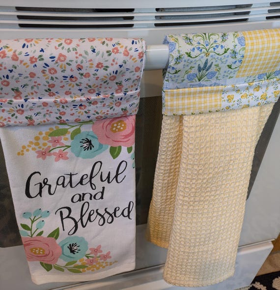 Hanging Kitchen Towel, Grateful and Blessed or Yellow Blue Waffle