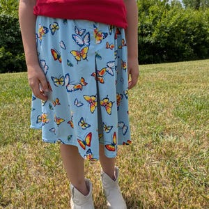 Split Skirt in Blue or Red Butterfly Child Culottes Custom made to your size, These are Easy Care No Iron and Made of Soft Knit with Spandex